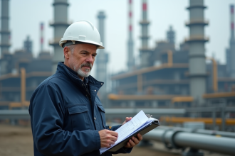 Ingénieur en extérieur près d'une raffinerie avec tuyaux