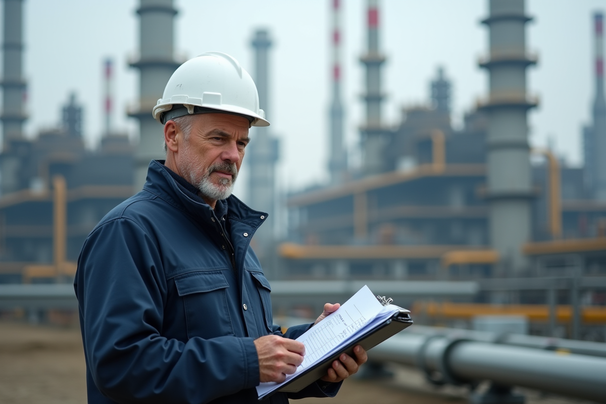 Ingénieur en extérieur près d'une raffinerie avec tuyaux