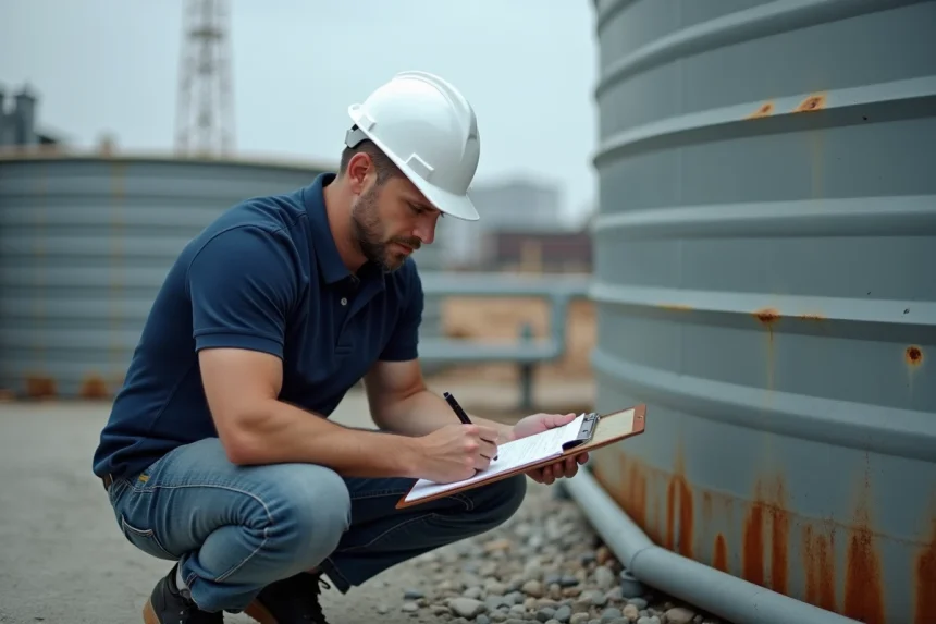 Ingénieur civil mesurant le volume d'un réservoir industriel en m3 sur un chantier de construction