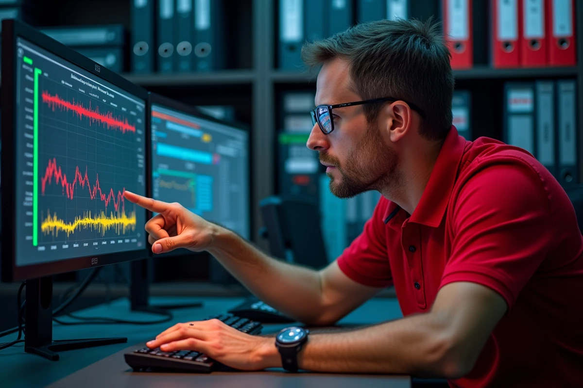 Ingénieur de course Ferrari analysant les données télémétriques sur écrans lors d'un Grand Prix