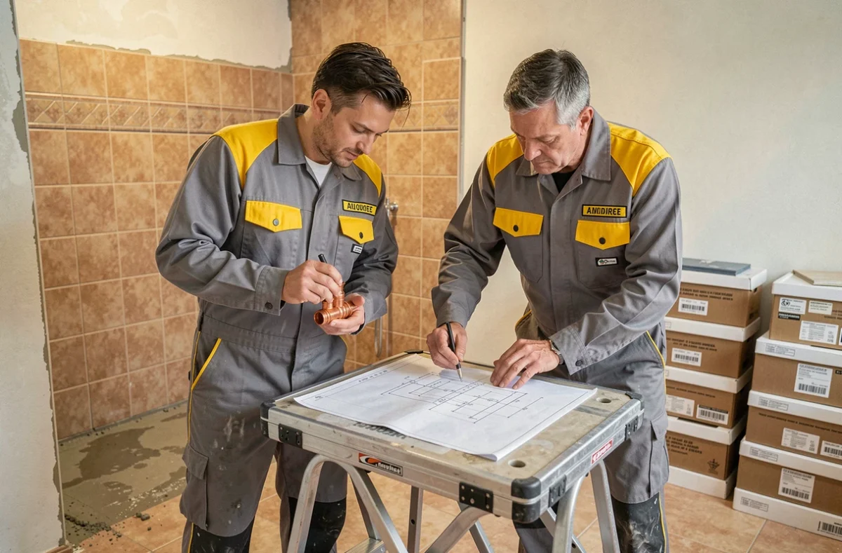 Deux plombiers de Jamy et Foucher collaborant sur un chantier de rénovation de salle de bain dans l'Eure