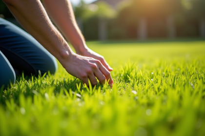 Personne arrosant les mauvaises herbes dans un jardin ensoleille