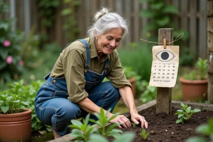 Femme jardinant selon le calendrier lunaire au potager au printemps