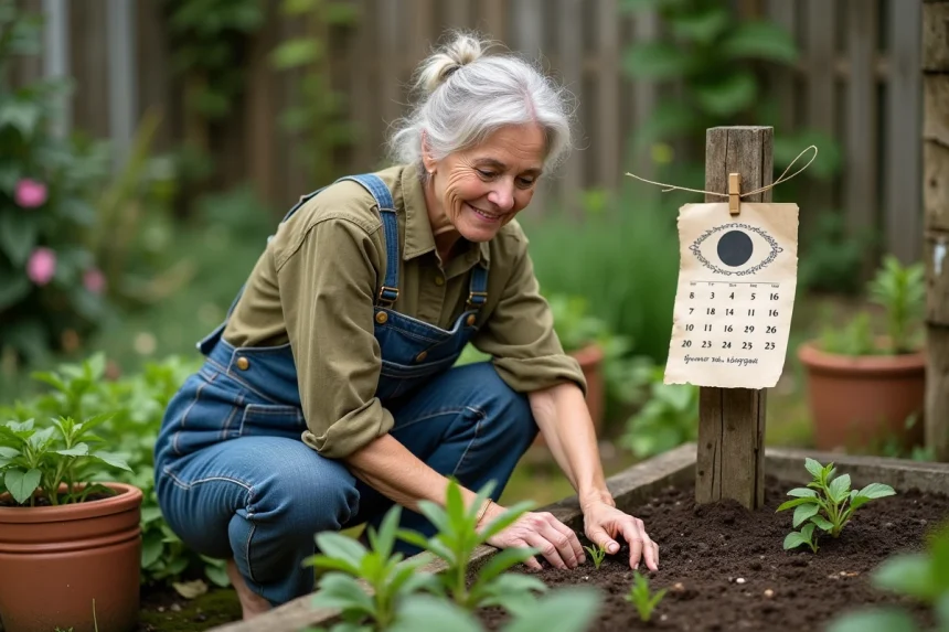 Femme jardinant selon le calendrier lunaire au potager au printemps