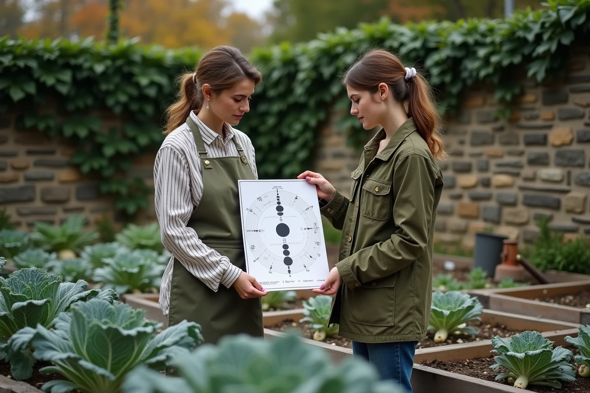 Deux femmes consultant un calendrier lunaire dans un jardin communautaire en automne