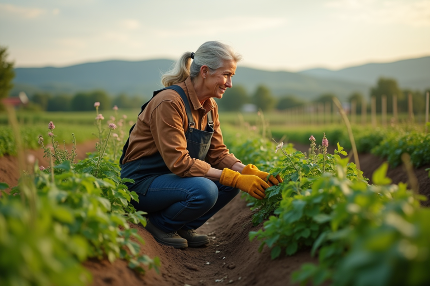 Femme en tenue de travail examine des plants de tomates sains dans un jardin