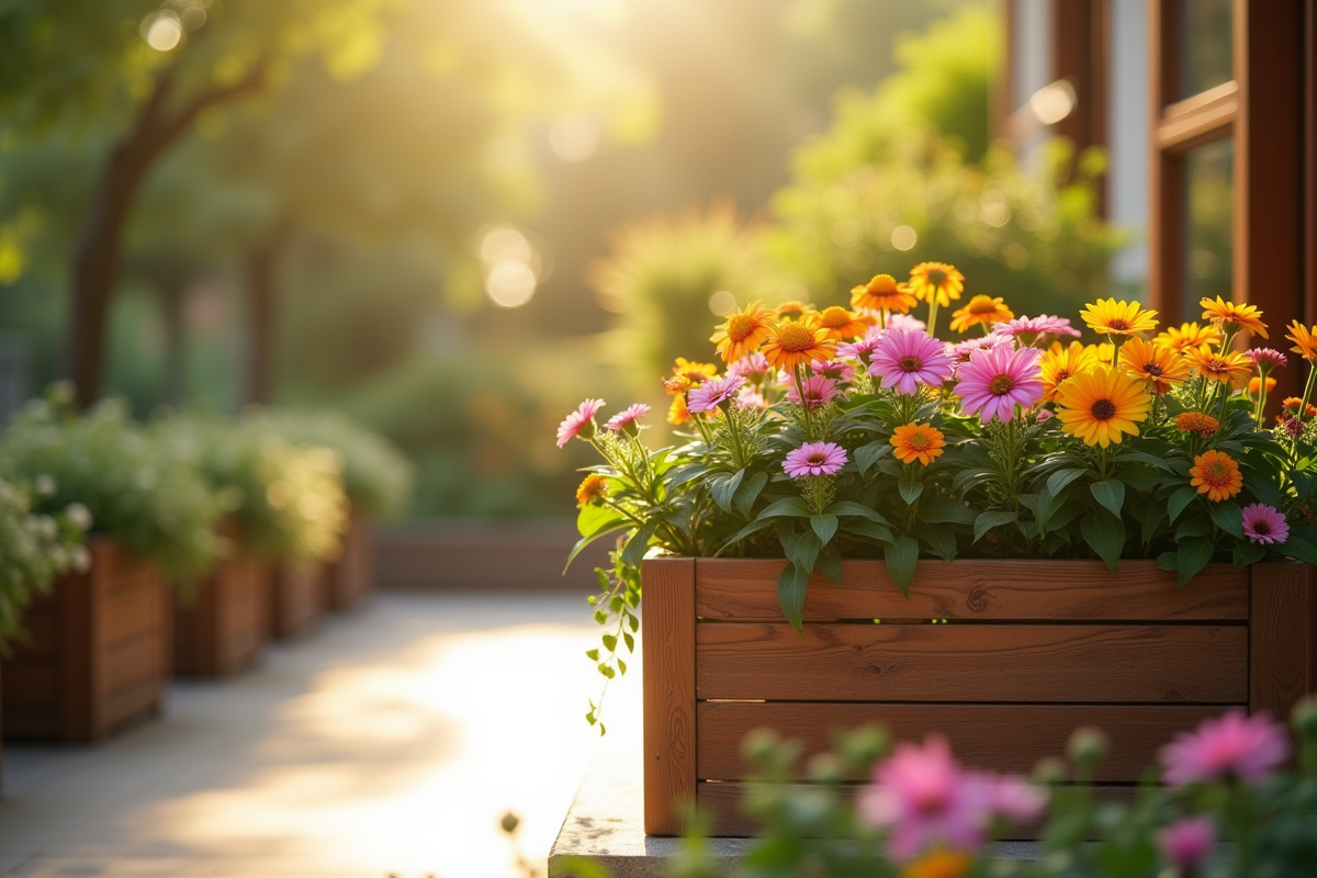 Plateau en bois avec fleurs colorées sur terrasse ensoleillée