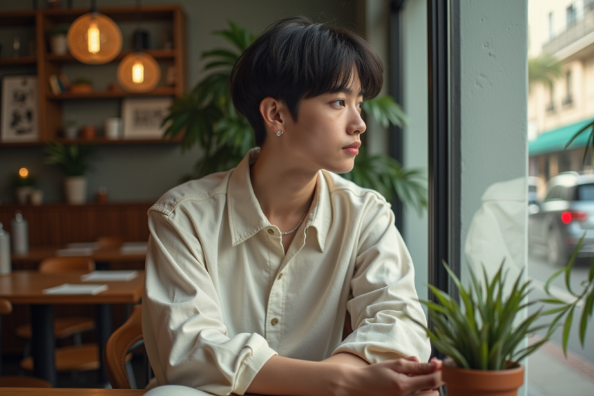 Jeune adulte au look androgynes dans un café moderne