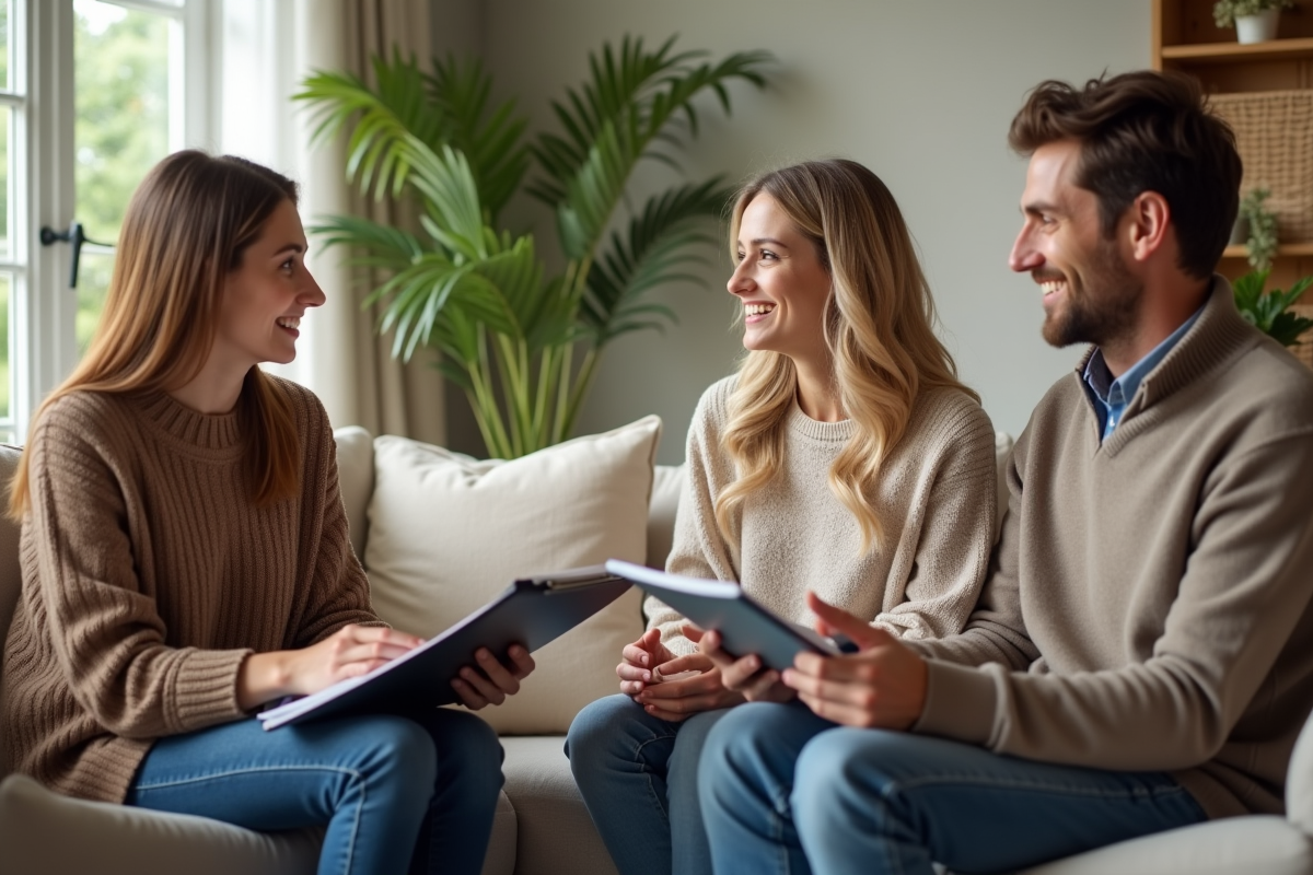 Jeune couple écoute une notaire dans un salon chaleureux