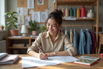 Jeune femme dessinant des créations de mode dans son atelier lumineux