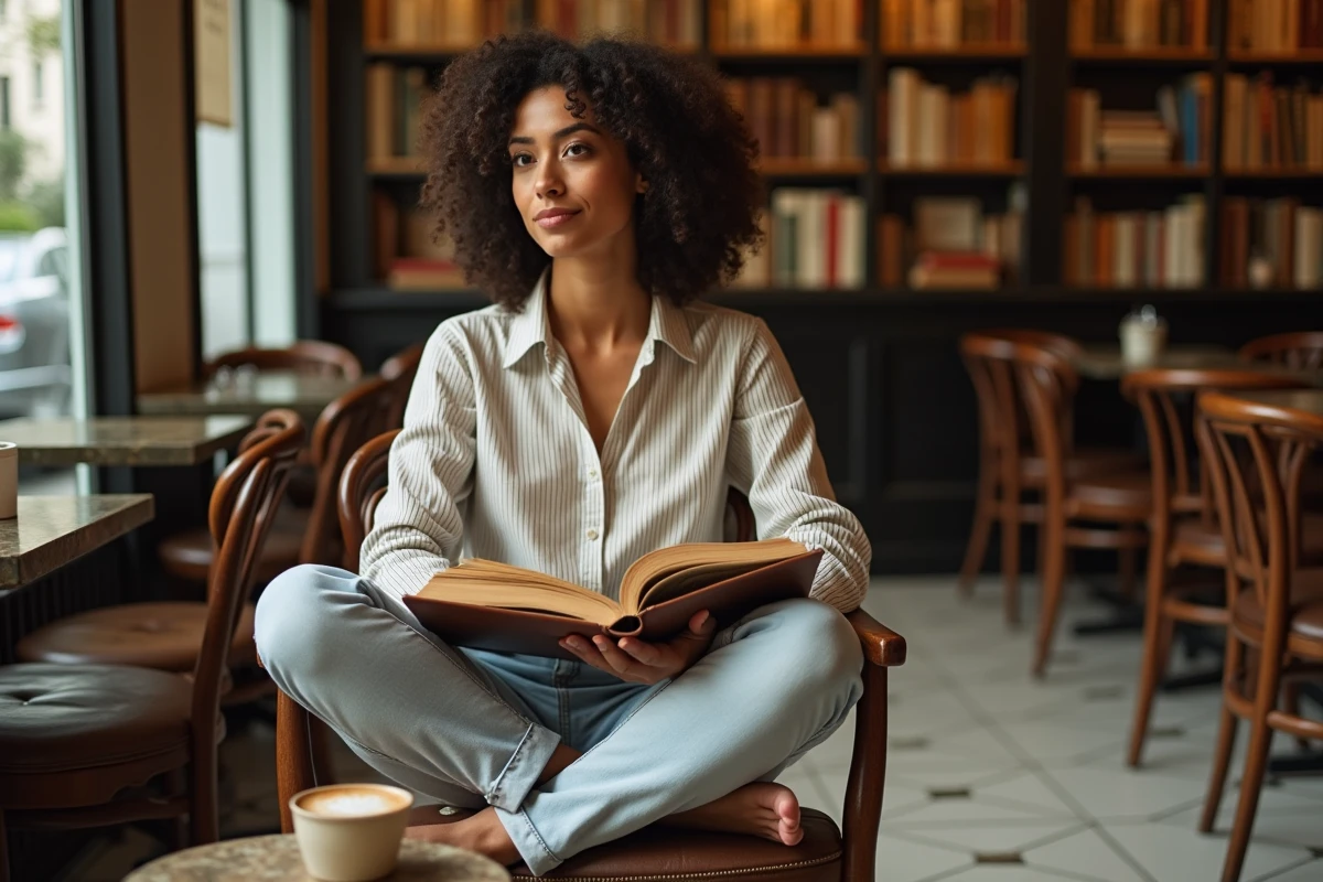 Jeune femme réécrivant ses notes dans un café parisien, cherchant des alternatives littéraires élégantes à des mots répétitifs