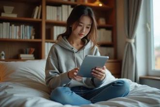 Jeune femme lisant manga sur tablette dans sa chambre