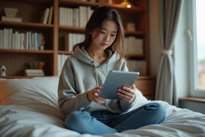 Jeune femme lisant manga sur tablette dans sa chambre