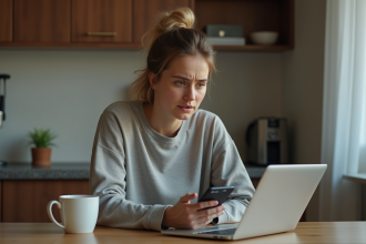 Jeune femme assise à la cuisine avec smartphone contemplatif