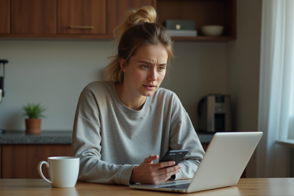 Jeune femme assise à la cuisine avec smartphone contemplatif