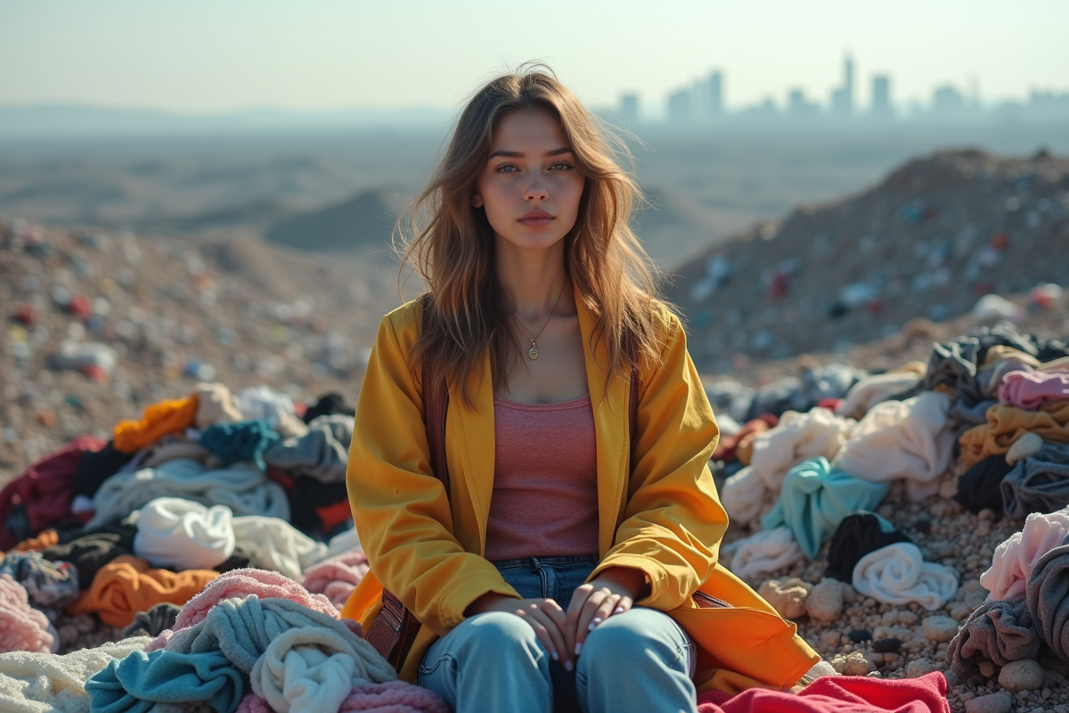 Jeune femme assise sur des vêtements jetés dans une décharge