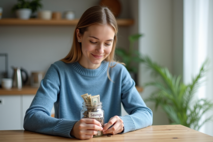 Jeune femme souriante place des pièces dans un pot d'épargne