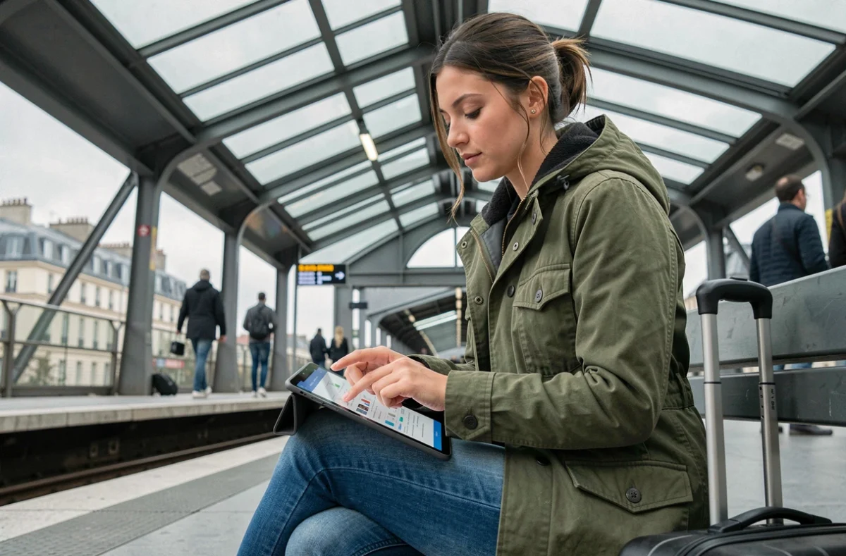 Jeune femme avec valise consultant une application de transport en commun sur tablette dans une station RER