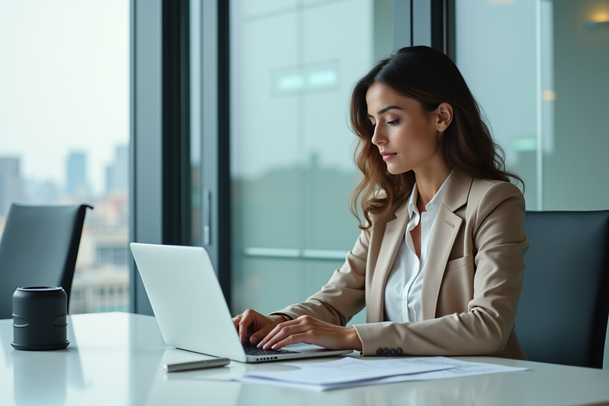 Jeune femme en réunion prenant des notes sur son ordinateur