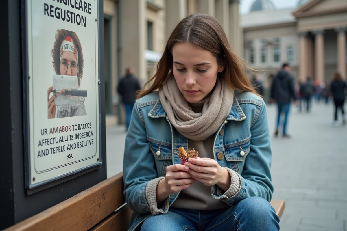 Jeune femme regardant un sachet de tabac en plein air
