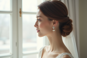 Mariée élégante avec chignon doux et robe blanche