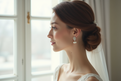 Mariée élégante avec chignon doux et robe blanche