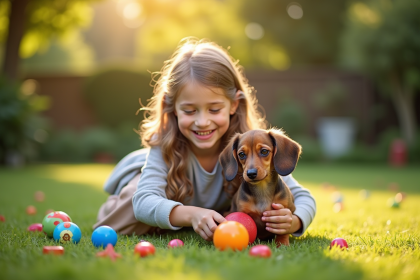 Jeune fille jouant avec un petit dachshund dans le jardin