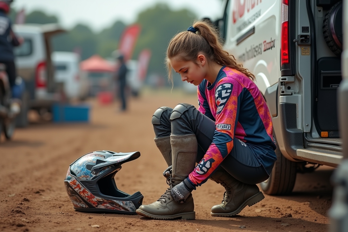 Adolescente attachant ses bottes de motocross avant course