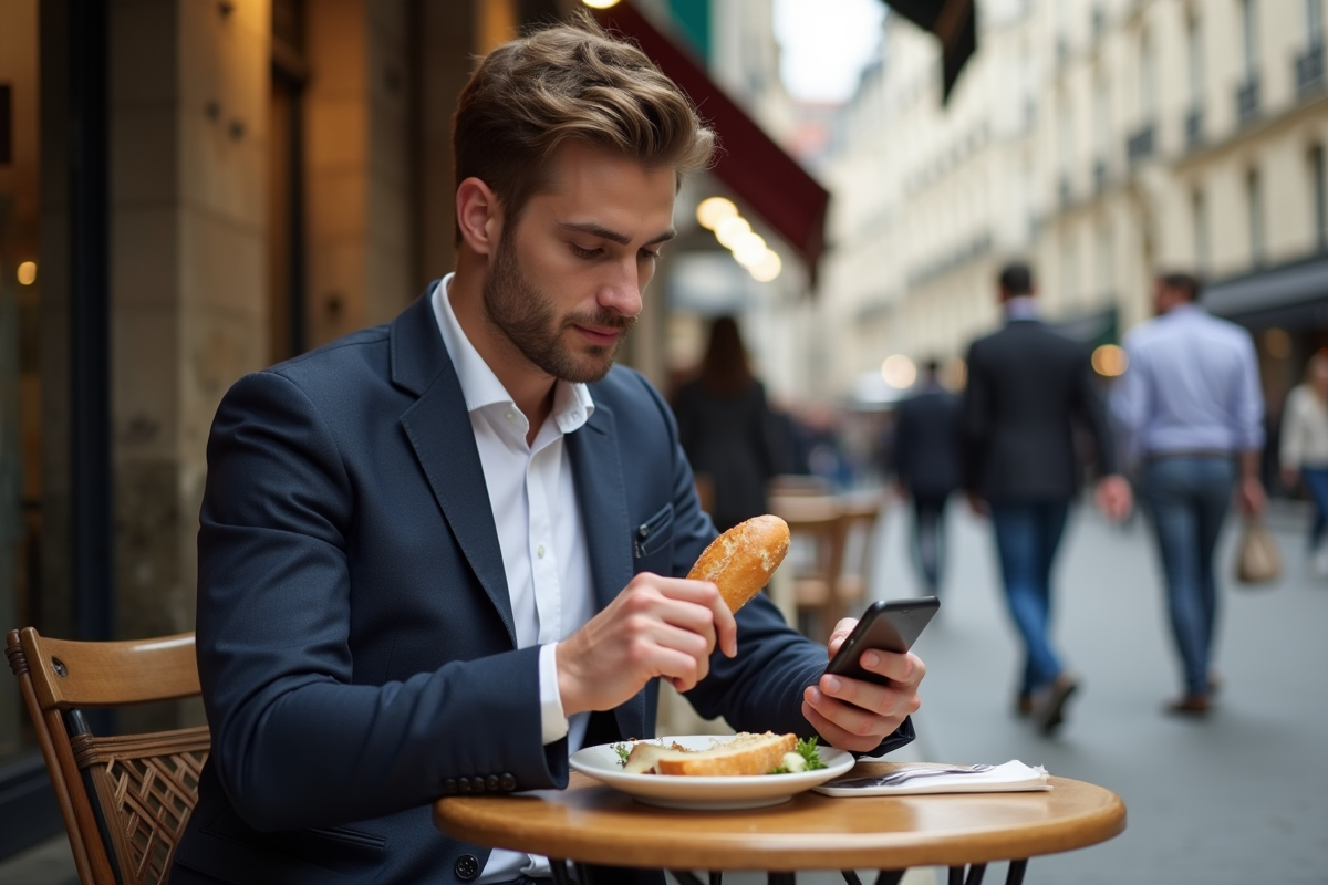 Jeune homme en costume dégustant une baguette au café