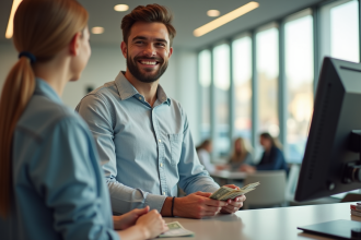 Jeune homme souriant recevant de l'argent à la banque