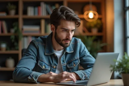 Jeune homme concentr&eacute; sur son ordinateur portable dans un appartement
