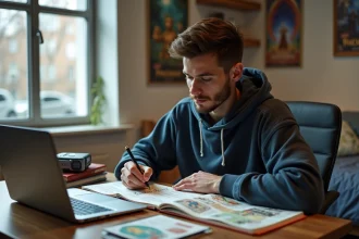 Jeune homme concentré avec guide Dofus dans une chambre moderne