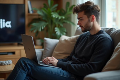 Jeune homme concentré sur son ordinateur portable à la maison