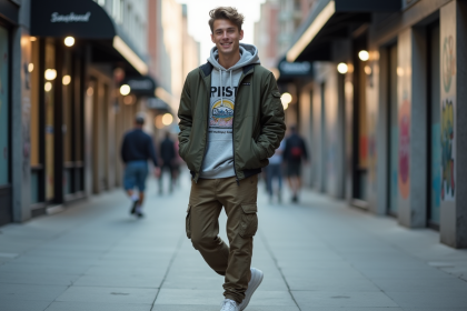 Jeune homme en streetwear mode urbaine dynamique