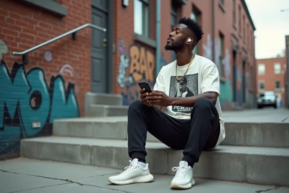 Jeune homme écoutant du rap américain dans un quartier urbain avec des murals en arrière-plan