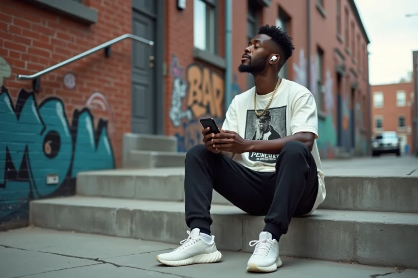Jeune homme écoutant du rap américain dans un quartier urbain avec des murals en arrière-plan