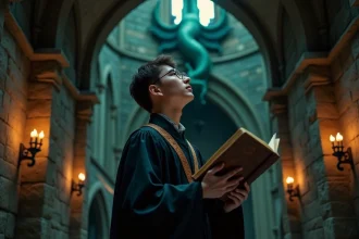 Jeune homme en robe académique tenant un grimoire devant une sculpture de dragon dans un couloir de château en pierre
