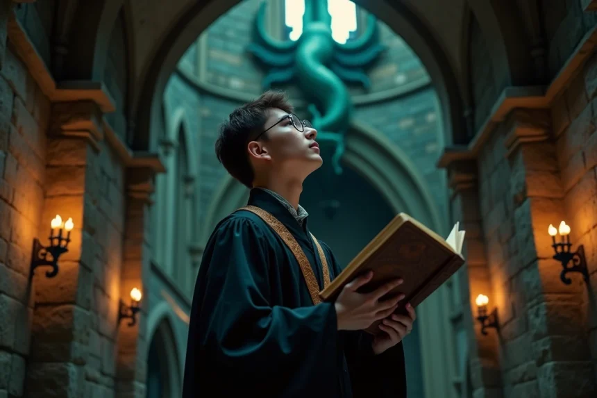 Jeune homme en robe académique tenant un grimoire devant une sculpture de dragon dans un couloir de château en pierre