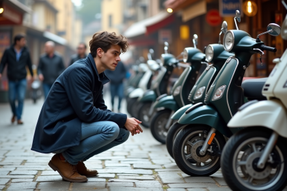 Jeune homme examine des scooters dans une rue animée