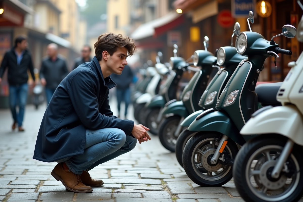 Jeune homme examine des scooters dans une rue animée