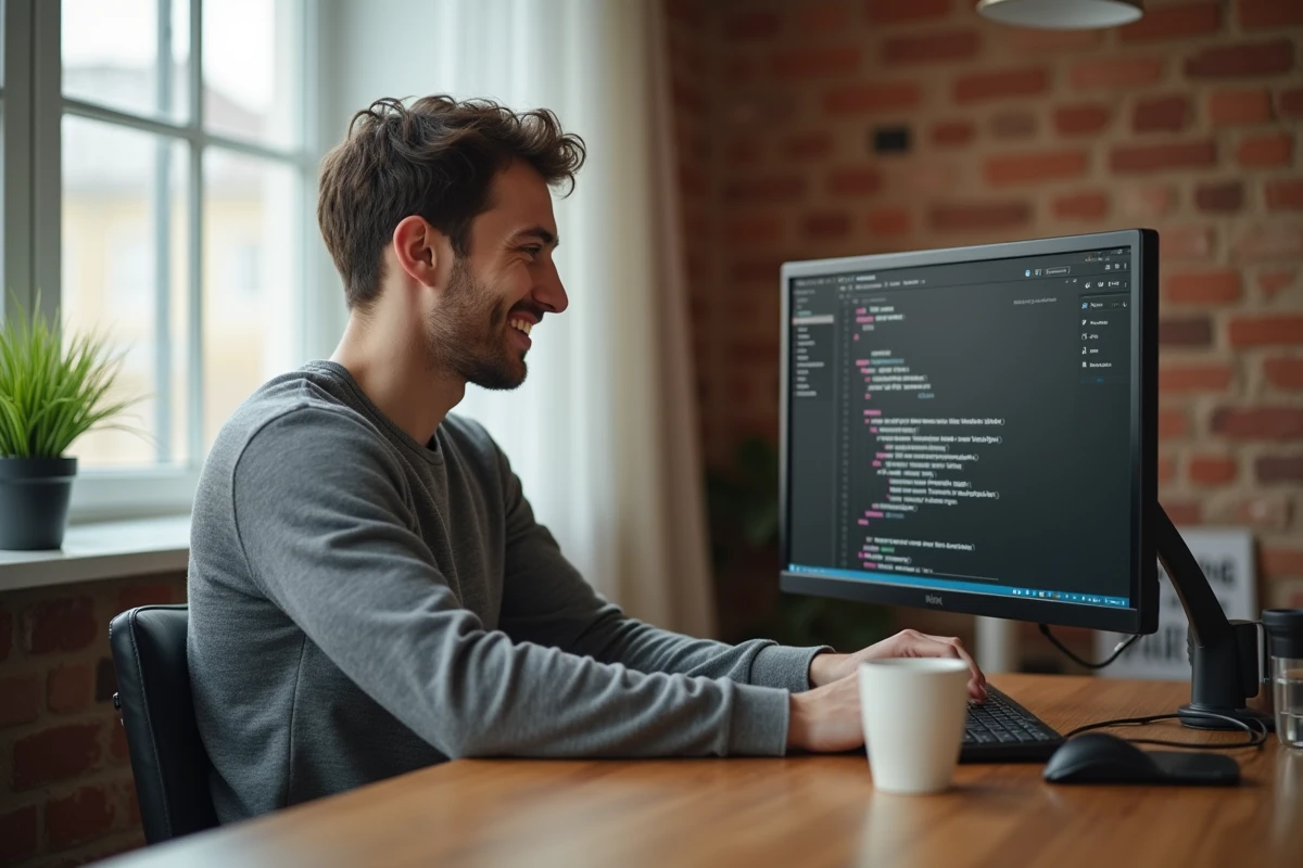 Jeune homme travaillant depuis chez lui avec un correcteur d'orthographe affiché sur son écran, améliorant la qualité de ses écrits professionnels