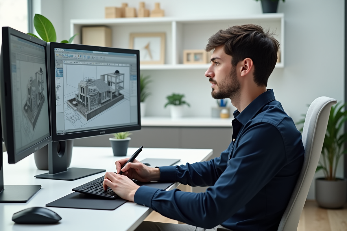 Jeune homme travaillant sur un ordinateur avec dessin technique