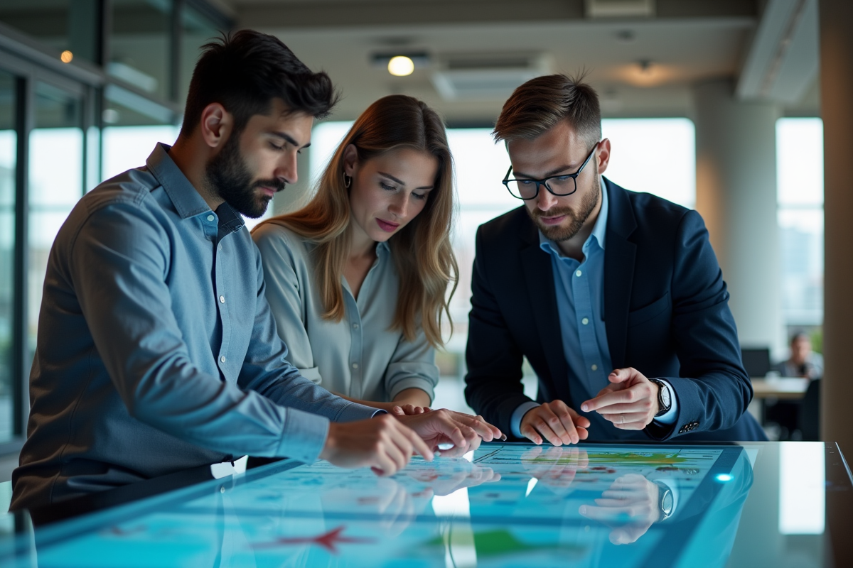 Groupe de jeunes professionnels discutant autour d