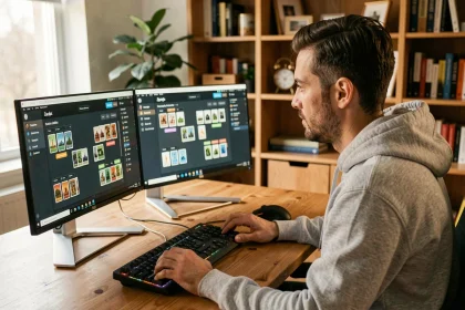 Homme jouant au bridge en ligne sur PC avec double écran dans un bureau à domicile moderne