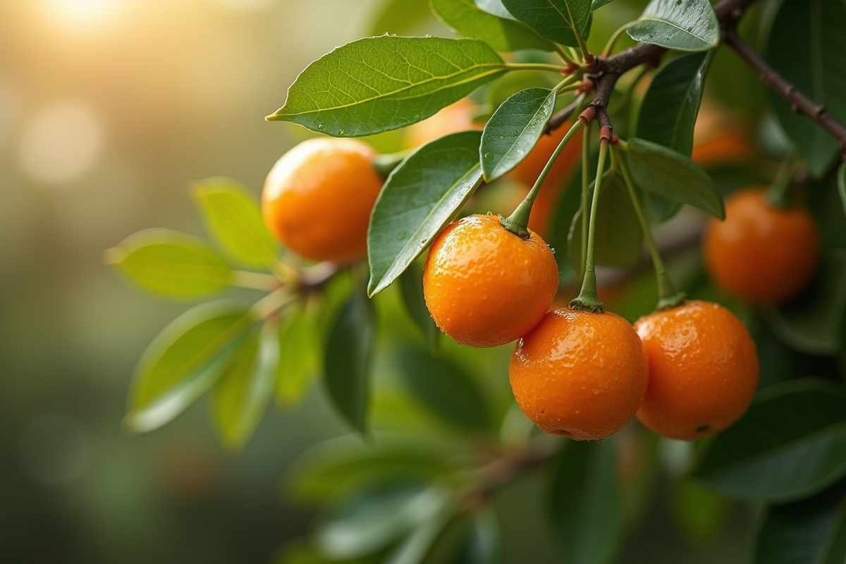 Kumquats suspendus sur un arbre avec feuilles vertes brillantes
