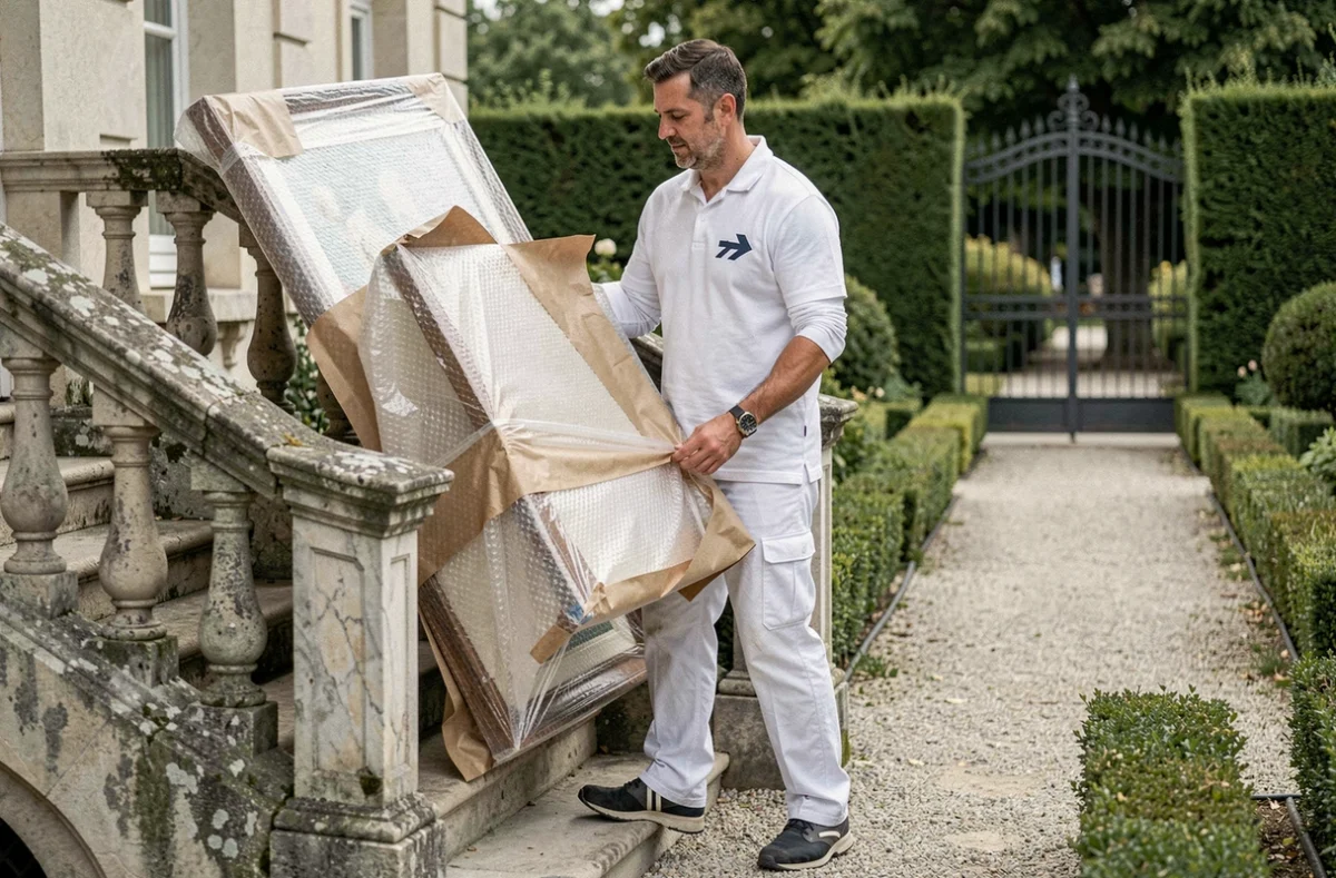 Déménageur La Flèche Blanche portant avec soin un tableau emballé dans une villa bourgeoise lyonnaise