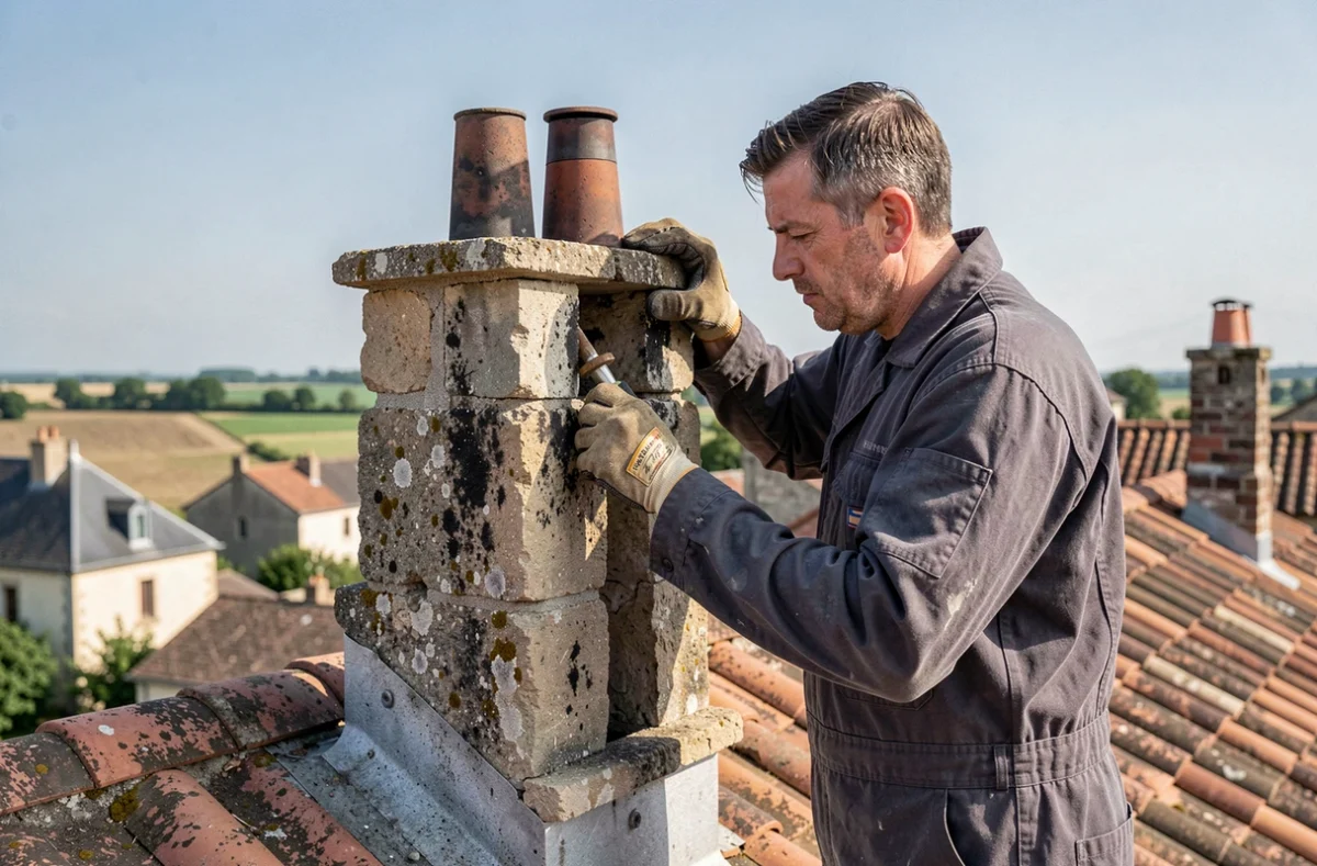 Ramoneur professionnel du Ramoneur Briard inspectant une cheminée en pierre sur un toit en tuiles dans un village de Seine-et-Marne