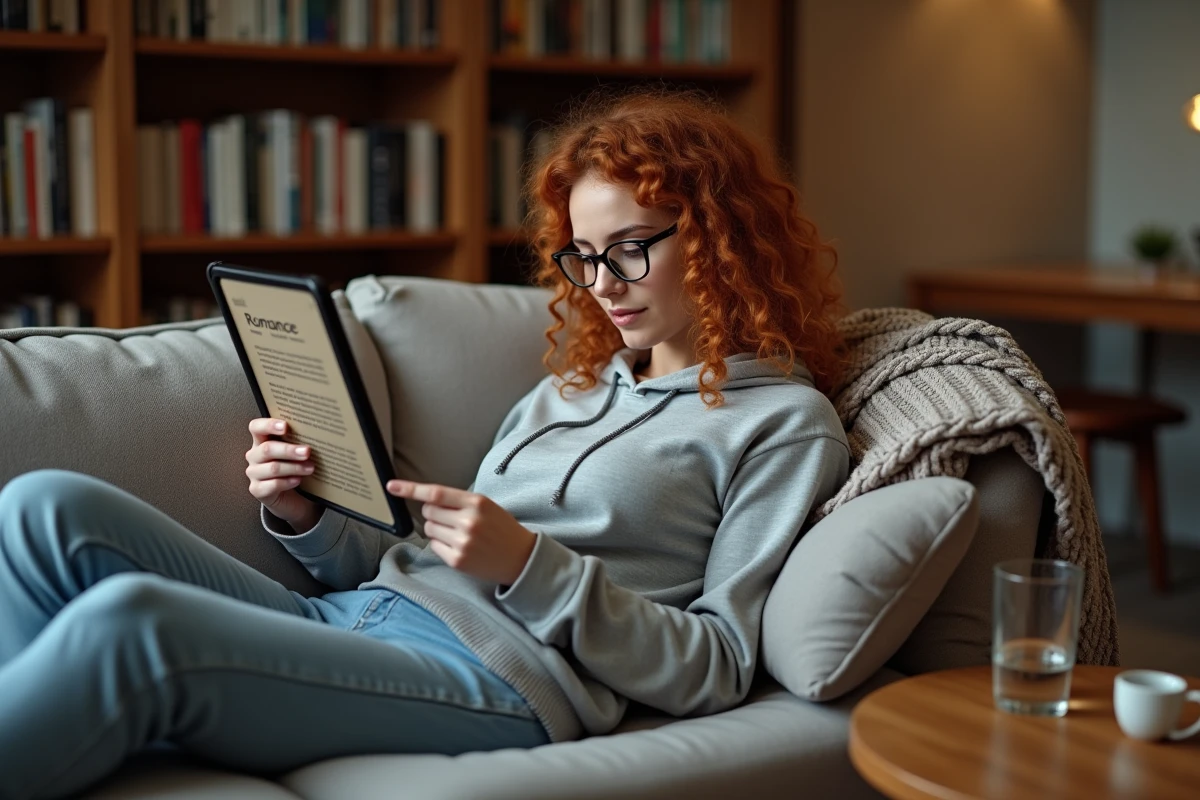 Jeune femme lisant un roman numérique sur tablette synchronisée avec sa bibliothèque PC dans un coin lecture cosy