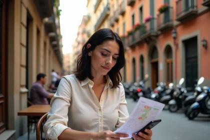 Femme consultant des documents de location saisonnière dans un café du quartier Eixample à Barcelone