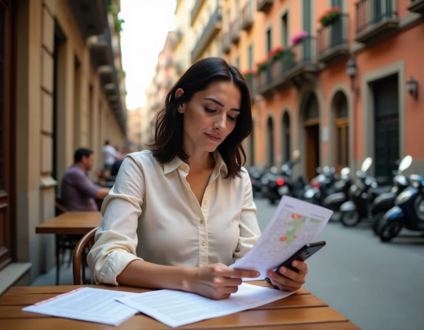 Femme consultant des documents de location saisonnière dans un café du quartier Eixample à Barcelone